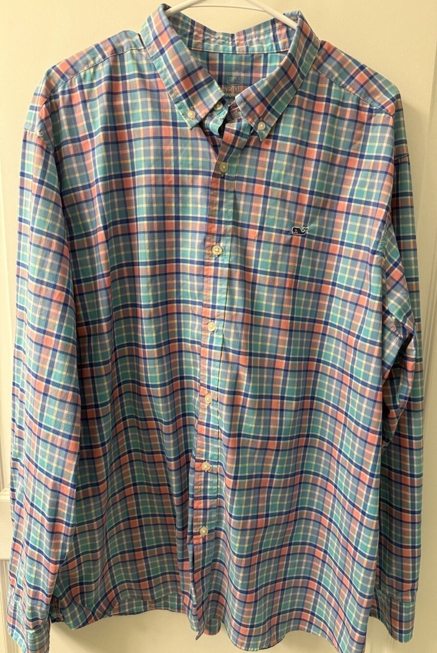 VINEYARD VINES PERFORMANCE Classic Fit Whale Shirt Pink/Blue Plaid L/S Size 2XL